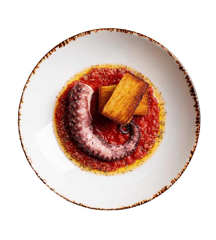 Осьминог с картофельным гратеном и сальсой чипотле